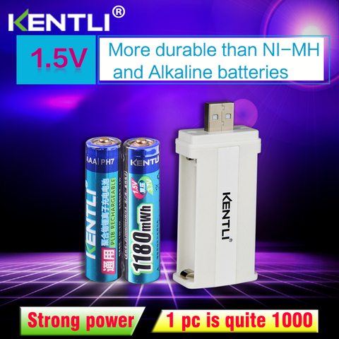 KENTLI 2 шт. без эффекта памяти, 1,5 В 1180mWh AAA литий-ионная аккумуляторная батарея + 2 канала литиевая зарядка ► Фото 1/6