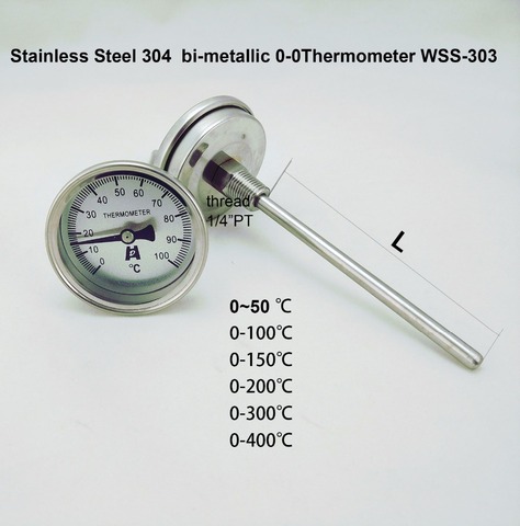 Биметаллический термометр из нержавеющей стали 304, 0-50 ~ 300 градусов, длина зонда L = 100, резьба 1/4 дюйма PT WSS-303 ► Фото 1/3