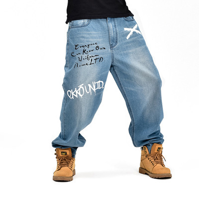 CHOLYL, свободные джинсы с дырками на коленях Для мужчин джинсовые штаны Свободные уличная джинсы в стиле «хип-хоп» Повседневные принты скейтборд брюки для Для мужчин размера плюс штаны синего цвета ► Фото 1/6