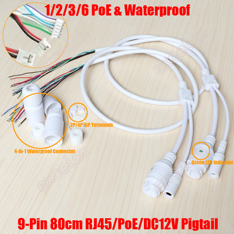 Сетевой модуль для IP-камеры 2 шт./лот, 9 контактов, сетевой кабель Pigtail 80 см, 1/2/3/6 PoE RJ45, источник питания 12 В постоянного тока, 4 в 1, водонепроницаемый комплект ► Фото 1/6
