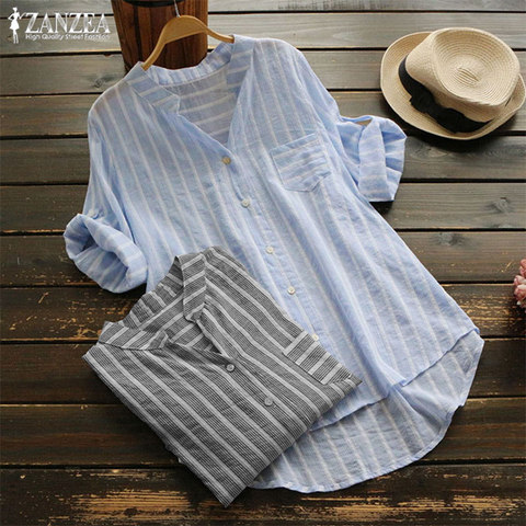 ZANZEA женская блузка в полоску размера плюс с рукавом 3/4 и v-образным вырезом ► Фото 1/5