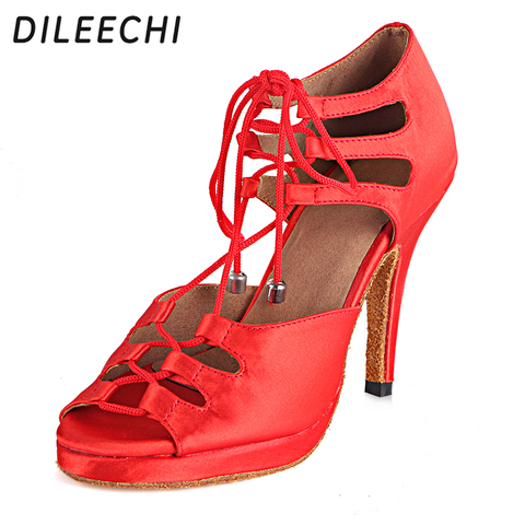 Женские туфли для латиноамериканских танцев DILEECHI, танцевальная обувь для сальсы, танцевальная обувь из атласа на водонепроницаемой платформе 10 см, цвета: красный, черный, бронзовый ► Фото 1/6