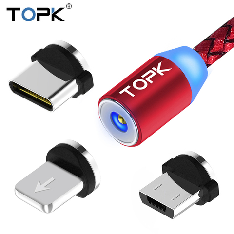 Магнитный светодиодный кабель TOPK R-Line, кабель Micro USB и USB Type-C, Магнитный зарядный кабель для iPhone X, 8, 7, 6 Plus, Кабели USB C для телефонов, красный ► Фото 1/6