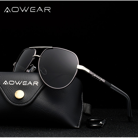 Мужские солнцезащитные очки AOWEAR, классические алюминиевые очки в стиле ретро с поляризационными стеклами, брендовые дизайнерские зеркальн... ► Фото 1/6