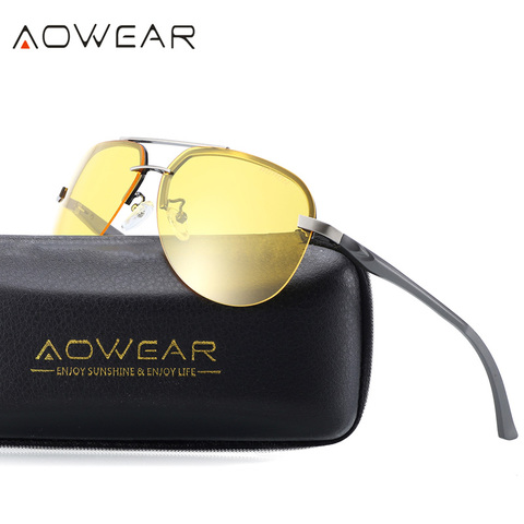 AOWEAR HD очки ночного видения, Мужские поляризационные желтые солнцезащитные очки для ночного вождения, антибликовые солнцезащитные очки для вождения ► Фото 1/6