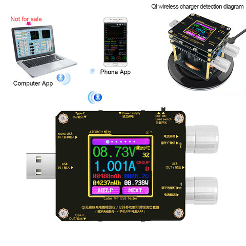 Беспроводной детектор быстрой зарядки QI, Bluetooth, приложение для android ПК, USB цветной тестер, измеритель напряжения, индикатор нагрузки, Вольтме... ► Фото 1/6