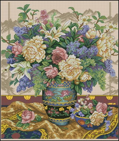 Высококачественный Набор для вышивки крестиком в виде прекрасных цветов в восточном стиле великолепие в вазе тусклый 35163 ► Фото 1/1