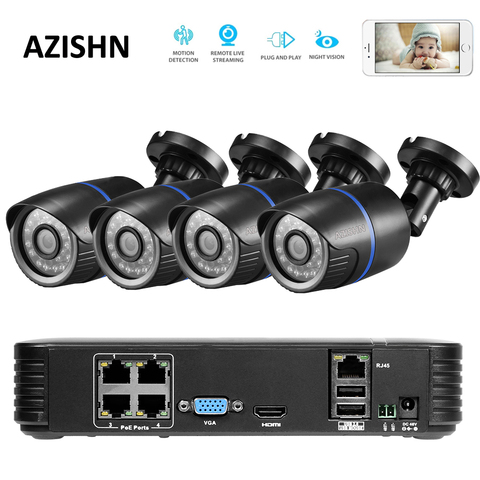 Камера видеонаблюдения AZISHN FULL HD, 4 канала, POE, 1080P, NVR, 1080 МП, 48 В, PoE, P, HDMI, P2P, сигнализация по электронной почте, для ПК и телефона ► Фото 1/6