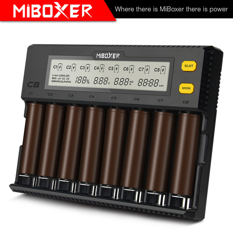 Умное зарядное устройство Miboxer c8, 8 ячеек, всего 4 а, выход, умное зарядное устройство для IMR18650 16340 10440 AA AAA 14500 26650 и USB-устройства ► Фото 1/5