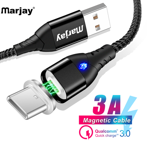 Магнитный кабель Marjay 3A Быстрая зарядка 3,0 USB Type C кабель для Samsung S8 S9 Nokia 8 Xiaomi Mi8 Mi9 магнитное зарядное устройство Type-C кабель ► Фото 1/6
