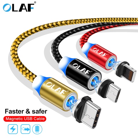 Магнитный кабель Micro USB OLAF, в оплетке, LED, Type-C, для зарядки Apple iPhone X 7, 8, 6, XS Max, XR, Samsung S9 ► Фото 1/6
