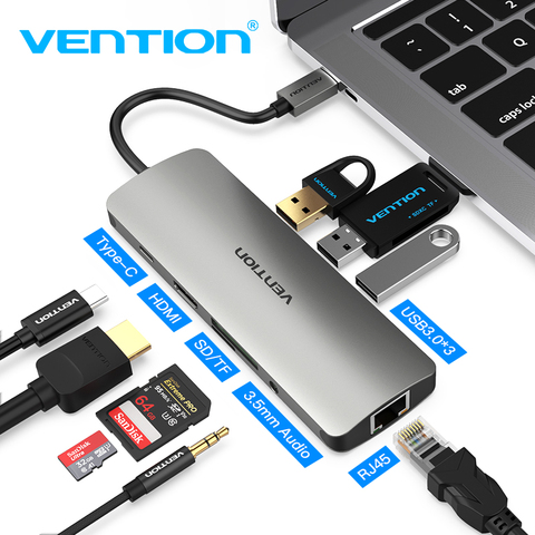 Док-станция Vention Thunderbolt 3, USB-хаб Type-C на HDMI, USB3.0, RJ45, адаптер для MacBook, Samsung, Dex S8/S9, Huawei P30 Pro, адаптер usb c ► Фото 1/6