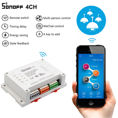 Sonoff 4CH Wifi умный переключатель универсальный дистанционный интеллектуальный выключатель прерыватель 4-канальный din-рейка монтаж умный дом Wi-Fi переключатель работать с Алиса ► Фото 1/6