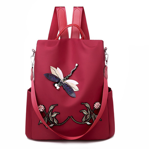 Водонепроницаемый нейлоновый женский рюкзак на молнии, школьные ранцы из ткани Оксфорд для девочек с 3D вышивкой в виде стрекозы, с цветком, Женский ранец ► Фото 1/6