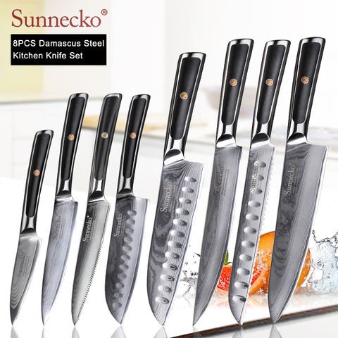 Набор кухонных ножей SUNNECKO VG10 из дамасской стали, универсальный нож сантоку для резки хлеба, стейка, ручка из стали G10, в японском стиле ► Фото 1/6