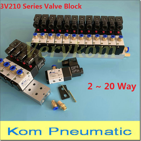 Блок электромагнитных клапанов, 2 ~ 20 рядов, 3V210-08, с фитинговым основанием для глушителя, 12 В, 24 В, переменный ток, 110 В, 220 В, 3 порта ► Фото 1/6