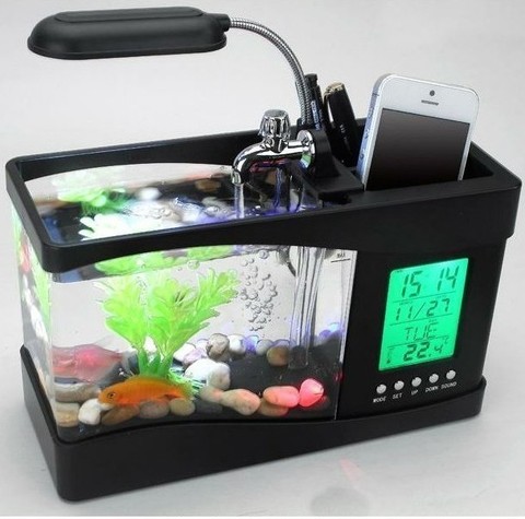 Аквариумный мини-аквариум с USB, аквариум светодиодный светильник лампой, ЖК-экран и часы, аквариум ► Фото 1/6
