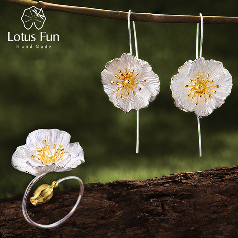Lotus Fun реальные 925 пробы серебро ручной работы Fine Jewelry цветущие Маки цветок комплект ювелирных изделий для Для женщин ► Фото 1/5