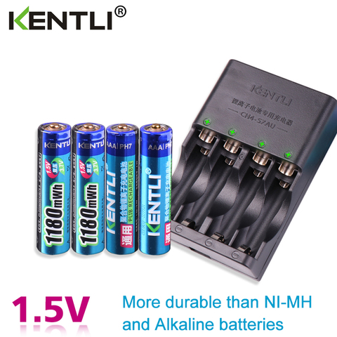 KENTLI 4 шт. 1,5 в aaa МВтч перезаряжаемая литий-ионная литий-полимерная литиевая батарея + 4 слота AA AAA литиевая смарт-зарядка ► Фото 1/6