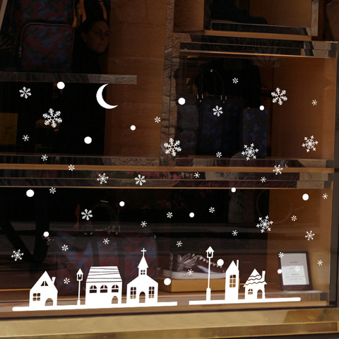 Snowy night деревня Электростатическая Наклейка на окно, стекло, рождественские настенные наклейки, наклейки для дома, украшение, новогодние худ... ► Фото 1/5
