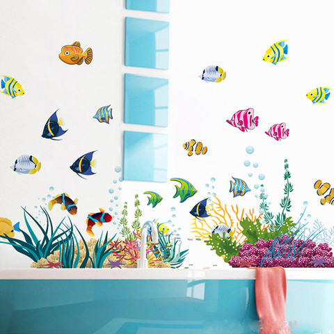 Diy Tropivsl настенный стикер для детской комнаты, домашний декор, съемные художественные наклейки для детей, 3D наклейки для ванной комнаты, мультфильм, подводный мир ► Фото 1/3