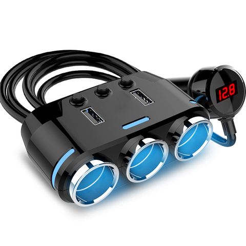 ACCNIC 2 USB-порта, 3-сторонняя розетка для автомобильного прикуривателя, разветвитель, зарядное устройство постоянного тока 12 ~ 24 В, черная розет... ► Фото 1/6