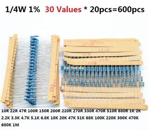 30 значений * 20 шт. = 600 шт. 1/4 Вт набор металлических пленочных резисторов 1% набор в ассортименте 1K 10K 470R 510R 680R 2K 2,2 K 3,3 K 4,7 K 5,1 K 6,8 K 20K 47K ► Фото 1/1