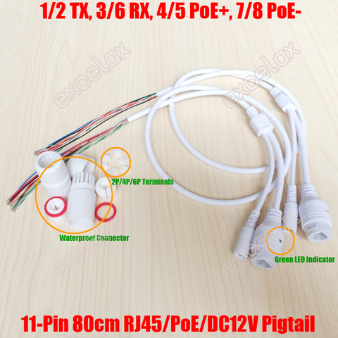 Сетевой кабель для модуля IP-камеры 2 шт./лот, 11 контактов, отрезок 80 см, 4/5 + 7/8- POE RJ45, 12 В постоянного тока, светодиодный блок питания с водонепроницаемой крышкой ► Фото 1/6
