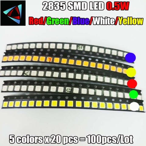 100 шт. 2835 0,5 Вт SMD светодиодный 5 цветов x 20 ПК-диоды светоизлучающие красные/желтые/зеленые/белые/синие ► Фото 1/1
