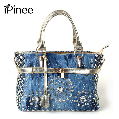 IPinee Летняя мода 2022, женская сумка, большая сумка из ткани Оксфорд, сумка через плечо в стиле пэчворк, джинсовая сумка с украшением из кристаллов, синяя сумка ► Фото 1/5