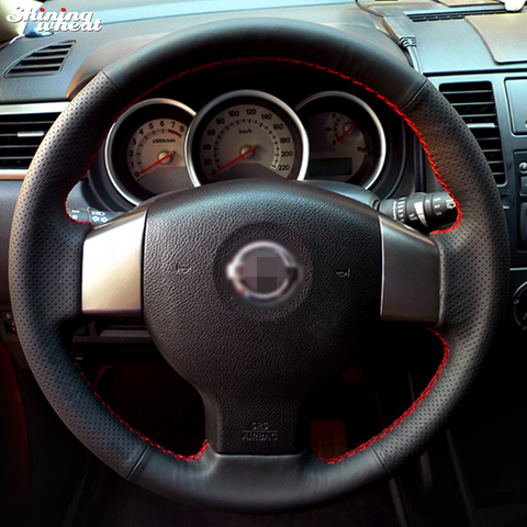Чехол рулевого колеса из блестящей черной кожи ручной работы для старого Nissan Tiida Livina Sylphy Note ► Фото 1/5