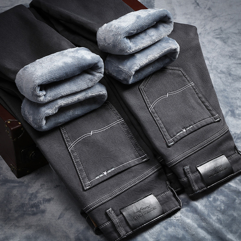 Мужские эластичные джинсы, серые повседневные джинсы из плотного бархата, серого цвета, на флисе, зима 2022 ► Фото 1/5