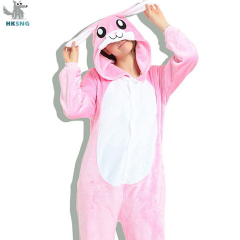 Пижама-кигуруми HKSNG для взрослых, фланелевый комбинезон в виде кролика, с рисунком животного, для семейной вечеринки, с мультяшным рисунком, розового, синего кролика, костюмы для косплея, одежда для сна ► Фото 1/6