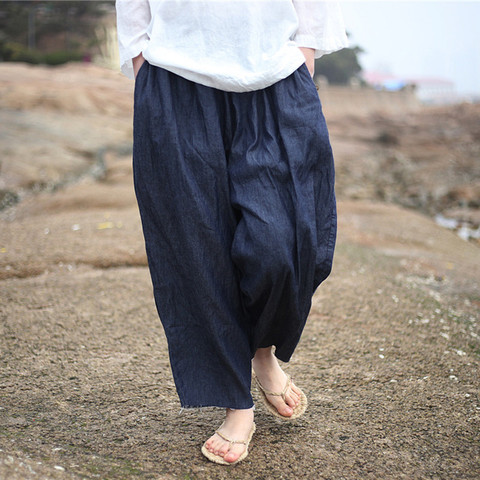 Женские джинсы со средней талией Johnature, темно-синие однотонные свободные винтажные штаны до щиколотки со средней эластичной талией для лета, 2022 ► Фото 1/6