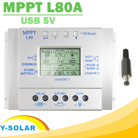 Контроллер заряда на солнечной батарее MPPT 80A, 12 В, 24 В, постоянный ток 80 А, вход макс. 48 В, светильник с управлением таймером, USB выход 5 В ► Фото 1/6
