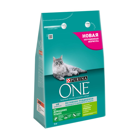 Сухой корм Purina ONE для домашних кошек с индейкой и цельными злаками, Пакет, 3 кг ► Фото 1/1