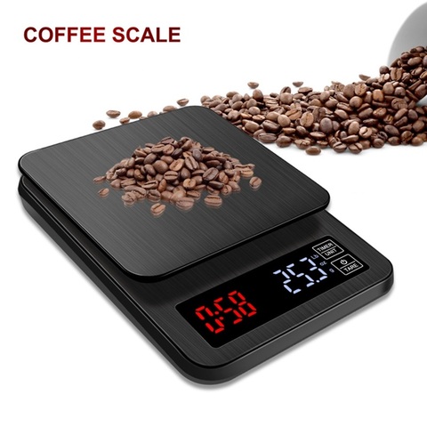 Цифровые электронные весы для кофе с ЖК-дисплеем и таймером, 3 кг, 5 кг, 0,1 г, черные кухонные весы для выпекания кофе, USB весы, таймер ► Фото 1/6