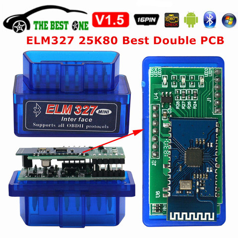 Лучшая двойная печатная плата Super Mini ELM327 Bluetooth V1.5 PIC18F25K80 Android IOS ПК Wi-Fi ELM 327 1,5 25K80 OBD2 автомобильный диагностический сканер ► Фото 1/6
