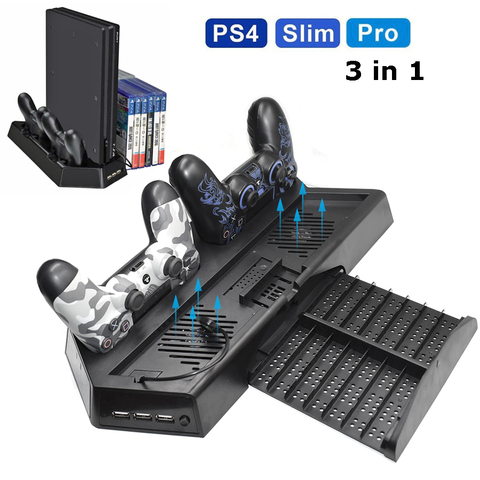ТОНКАЯ вертикальная подставка для PS4 Pro, охлаждающий вентилятор с зарядной станцией для двух контроллеров и 3 дополнительными портами конце... ► Фото 1/6