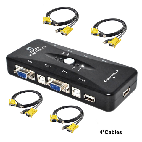 Ingelon 4 порта USB 2,0 KVM Switch 1920*1440 VGA Switch Box Adapter и VGA USB кабели для ПК клавиатуры мыши монитора ► Фото 1/6