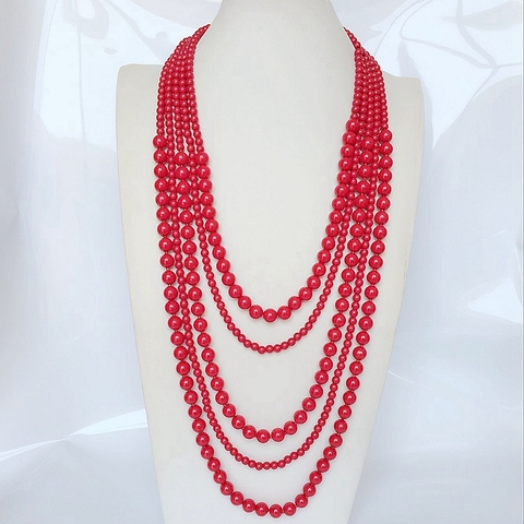 Новое поступление: модное массивное ожерелье красного цвета с пятислойными бусинами ► Фото 1/4