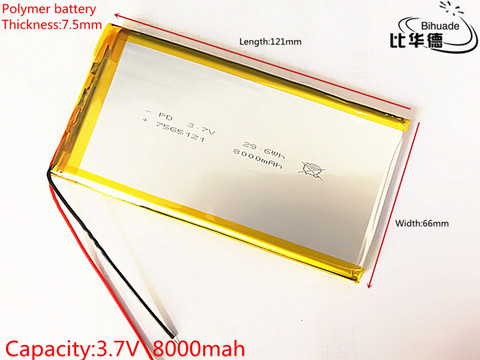 3,7 V,8000mAH,7566121 PLIB; Полимерный литий-ионный/литий-ионный аккумулятор для GPS,mp3,mp4,mp5,dvd,bluetooth, модель игрушечного мобильного bluetooth ► Фото 1/2