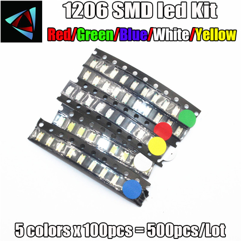 500 шт. (5 видов цветов x 100 шт.) комплект светодиодов 1206 (3216) SMD красный синий зеленый белый желтый комплект светодиодов комплект светоизлучающи... ► Фото 1/1