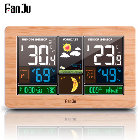 FanJu метеостанция, цифровые часы, настенный будильник, беспроводной датчик, термометр, гигрометр, барометр, прогноз погоды, настольный FJ3378 ► Фото 1/6