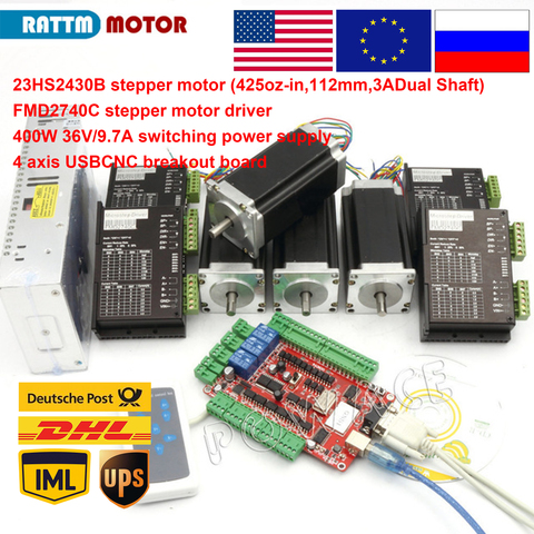 ЧПУ 4-осевой комплект шагового двигателя Nema 23 112 мм (двойной вал) 425oz-in & FMD2740C 50 в 4A драйвер двигателя и 4-осевой USB порт коммутационная плата ► Фото 1/6