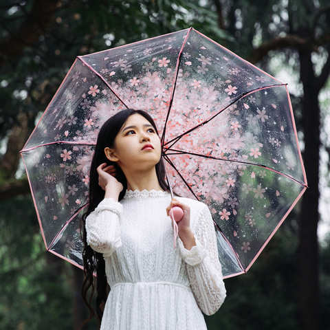 Женский прозрачный зонт-дождевик, зонтик из ПВХ с тройным сложением, в японском стиле, с цветком вишни ► Фото 1/5