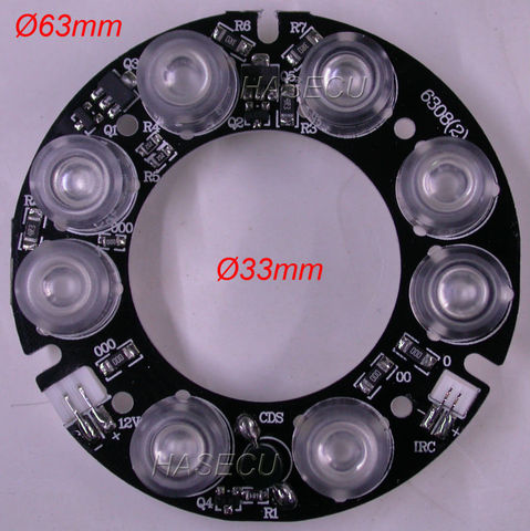 Светодиодный модуль ИК-платы 8x SMT плоского типа для камеры CS, объектив, ночное видение (диаметр 63 мм/33 мм), угол рассеивания 80 градусов ► Фото 1/1