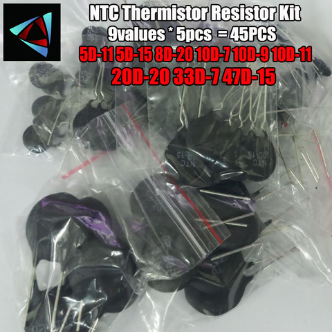 Набор резисторов NTC, 45 шт./лот, набор термисторов 5D-11 5D-15 8D-20 10D-7 10D-9 10D-11 20D-20 33D-7 47D-15, набор терморезисторов ► Фото 1/1
