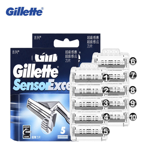 Бритвенные лезвия Gillette Sensor Excel для мужчин, безопасные бритвенные лезвия для бороды, острое Сменное лезвие, 10 шт., без ручки ► Фото 1/6