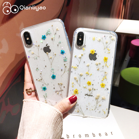 Прозрачный чехол Qianliyao с натуральными сухими цветами и блестками для iPhone 12 Pro Max X 7 8 Plus 6 6s, чехол для телефона iphone 11 XR XS Max SE, чехол ► Фото 1/6
